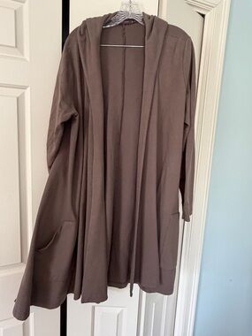cut loose taupe hooded open-front longline cape